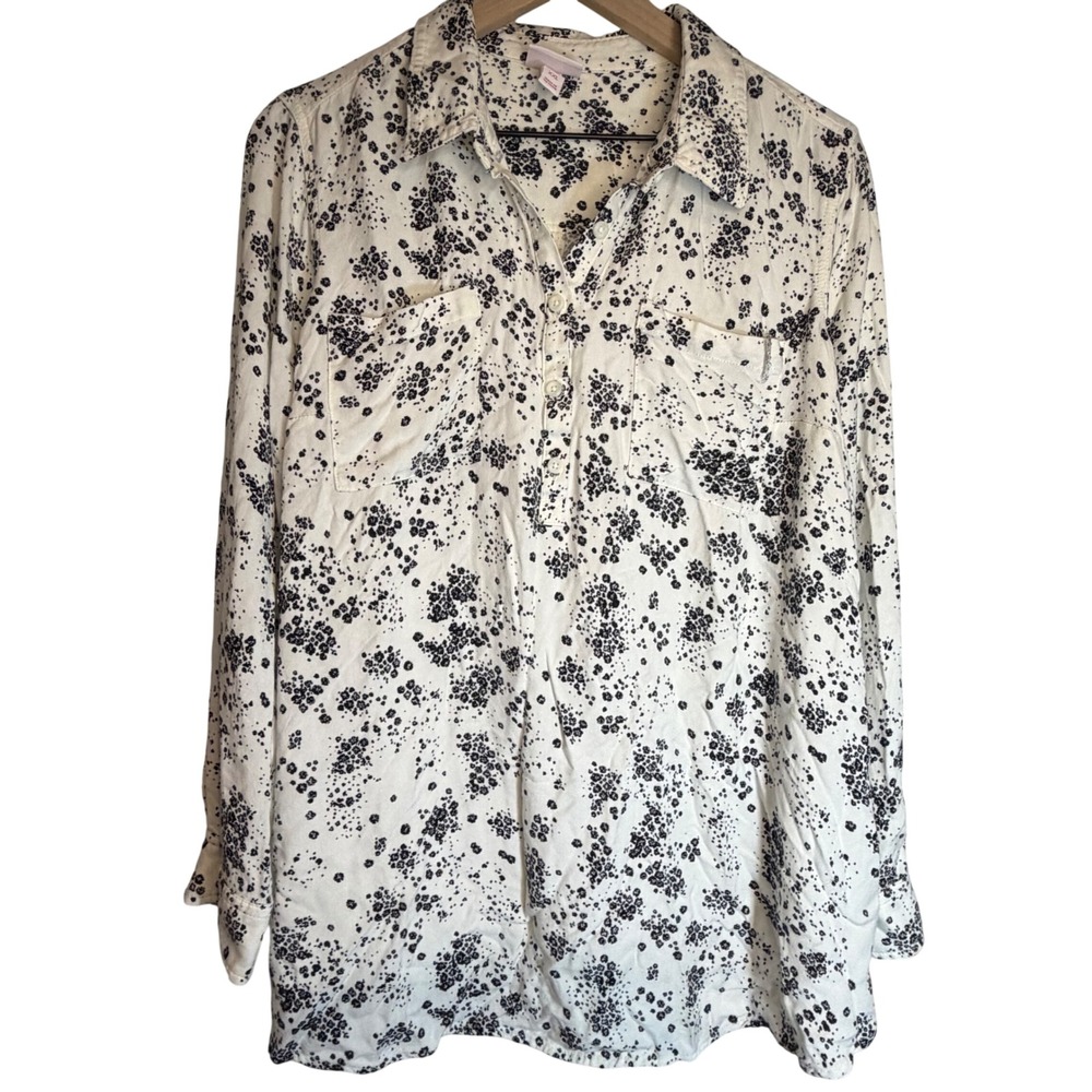 Isabel Maternity Womens XXL White Black Floral Print Button Up Tunic Top 0242